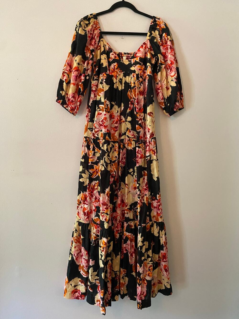 Anthropologie Black Pink Floral Blossom Maxi Dress Puff Sleeve Women's size XS